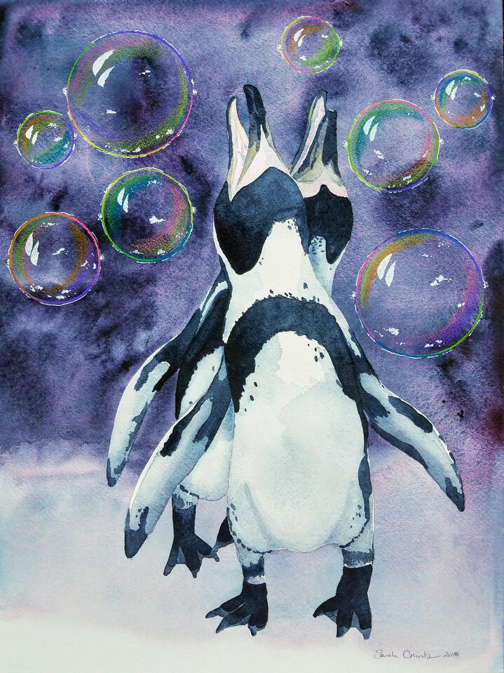 A pair of penguins honking skyward with colorful bubbles all around, on a purple background. Watercolor.
